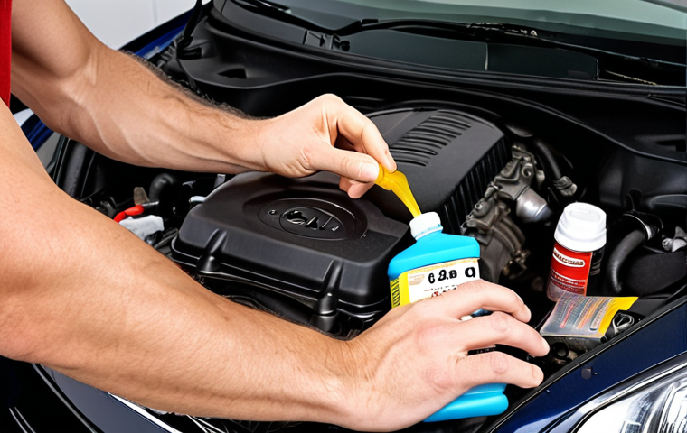 **
A mechanic performing a regular oil change on a Kia engine. Focus on the fresh, golden oil being poured into the engine. Emphasize cleanliness and the importance of using the correct oil type and following manufacturer's specifications. Background shows a well-maintained garage with various tools neatly organized. The overall tone is informative and reassuring.
**