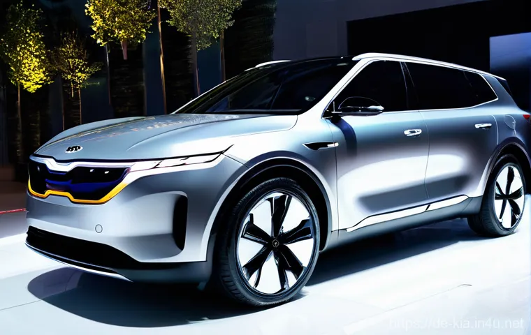 기아 EV9 가격과 스펙 비교 - **Prompt:** A striking, eye-catching Kia EV9, presented from a low-angle front-three-quarter view, e...