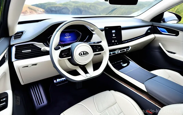 기아 EV9 내부 디자인 - **Prompt:** "The interior of a Kia EV9 SUV, designed as a spacious, inviting 'living room on wheels'...
