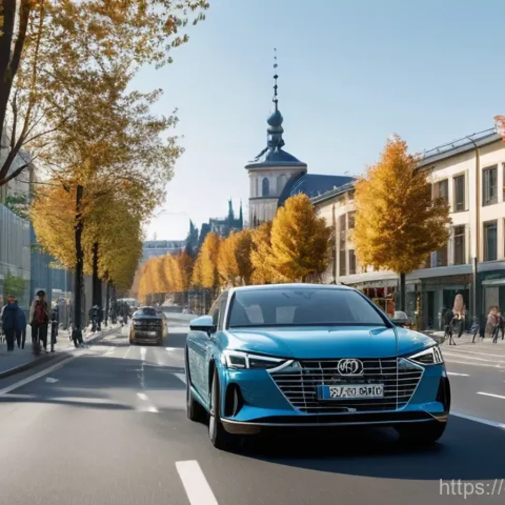 기아 K3 연비 테스트 - 6L model) navigating a bustling, modern German city street during the day.** The scene captures the ...