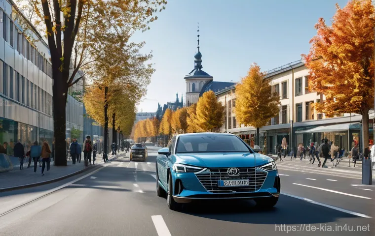 기아 K3 연비 테스트 - 6L model) navigating a bustling, modern German city street during the day.** The scene captures the ...