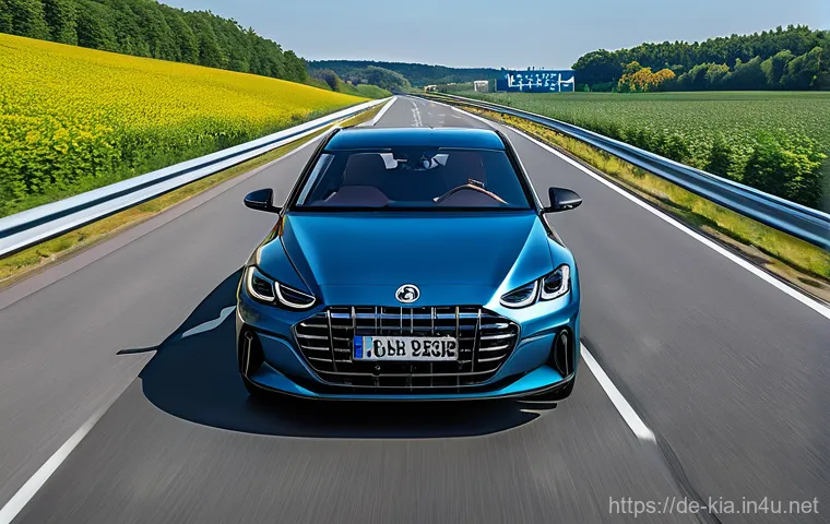 기아 K3 연비 테스트 - 6L model) navigating a bustling, modern German city street during the day.** The scene captures the ...