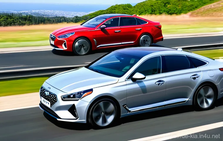 기아 K5와 쏘나타 비교 - **Hyundai Sonata: Serene Elegance by the Lake**
    "An elegant Hyundai Sonata, in a sophisticated s...