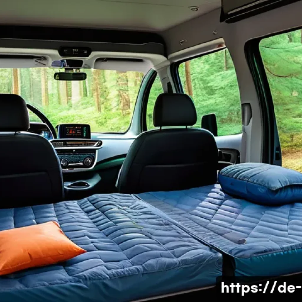 기아 카니발 차박 추천 모델 - Interior of a modern Kia Carnival camper van during a camping trip in a scenic German forest, showin...