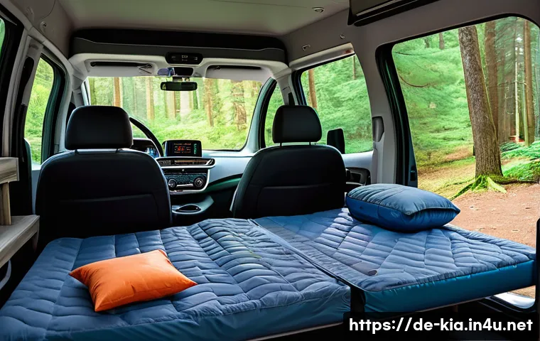 기아 카니발 차박 추천 모델 - Interior of a modern Kia Carnival camper van during a camping trip in a scenic German forest, showin...