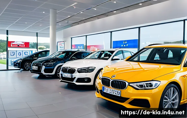 기아 중고차 보증 프로그램 - A modern used car dealership showroom in Germany, showcasing a variety of well-maintained vehicles w...