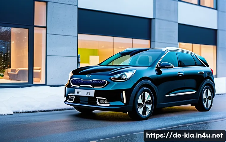 기아 니로 EV 장단점 - A sleek Kia Niro EV electric compact SUV parked on a clean urban street in Germany during a crisp wi...