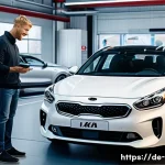 Home 20 기아 차량 AS 만족도 - A modern Kia car service center in Germany, showing a friendly, professionally dressed mechanic expl...