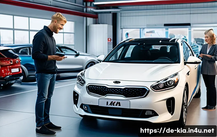 기아 차량 AS 만족도 - A modern Kia car service center in Germany, showing a friendly, professionally dressed mechanic expl...