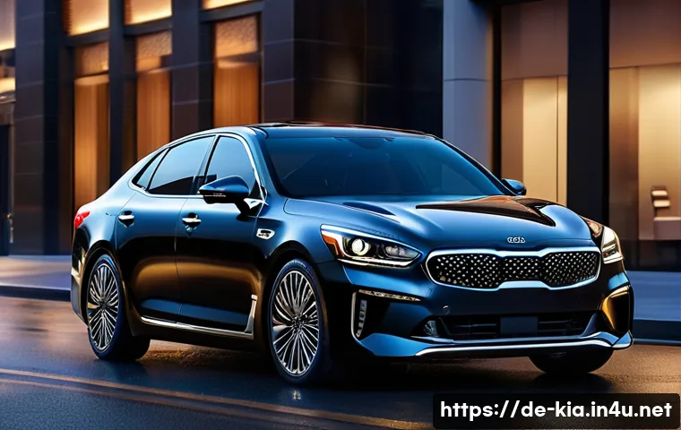기아 K9 럭셔리 모델 분석 - A sleek and luxurious Kia K9 sedan parked on a modern city street during twilight, showcasing its fl...