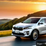 Home 18 기아 쏘렌토 디젤 모델 평가 - A sleek, modern Kia Sorento Diesel SUV parked on a scenic European countryside road at sunset, showc...