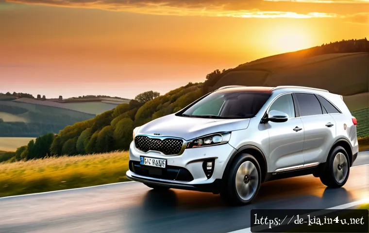 기아 쏘렌토 디젤 모델 평가 - A sleek, modern Kia Sorento Diesel SUV parked on a scenic European countryside road at sunset, showc...