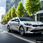 Home 23 기아 차량 연비 테스트 - A modern Kia hybrid car driving through an urban cityscape during daytime, showcasing smooth stop-an...