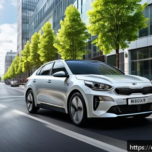 Home 17 기아 차량 연비 테스트 - A modern Kia hybrid car driving through an urban cityscape during daytime, showcasing smooth stop-an...