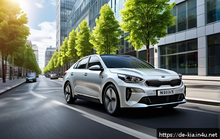 기아 차량 연비 테스트 - A modern Kia hybrid car driving through an urban cityscape during daytime, showcasing smooth stop-an...
