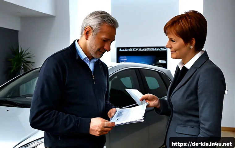 기아 중고차 구매 팁 - Photorealistic used-car inspection at a clean German dealership, middle-aged couple examining a silv...