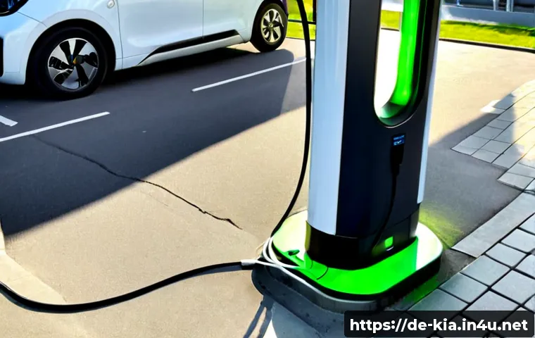 기아 쏘울 EV 충전소 추천 - Photorealistic boxy compact electric crossover charging at a modern public fast-charging station in ...